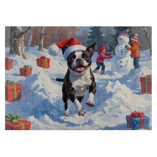 Boston Terrier Jul Festiv Snö Scen (Framsidan)