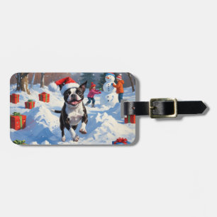 Boston Terrier Jul Festiv Snö Scen Bagagebricka