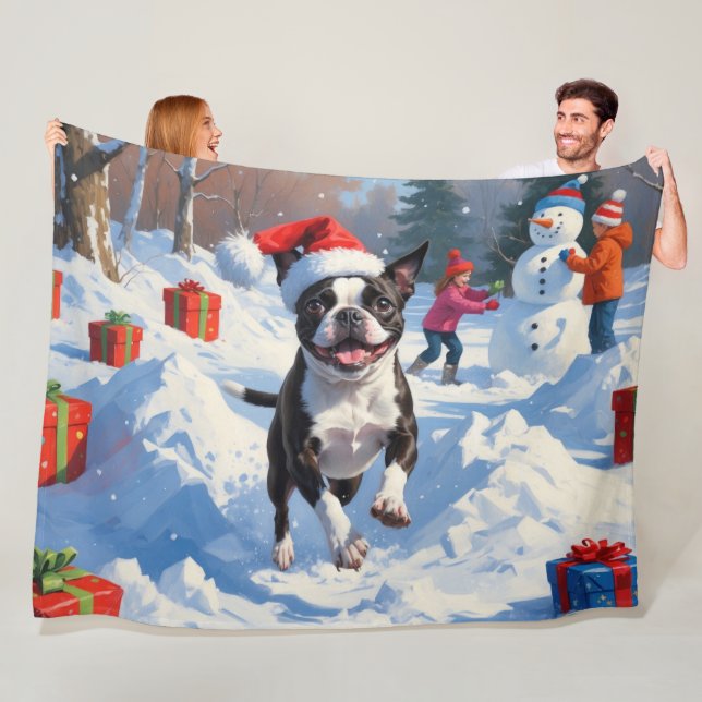 Boston Terrier Jul Festiv Snö Scen Fleecefilt (På plats)