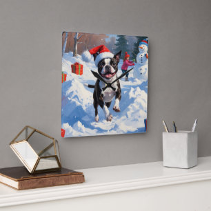 Boston Terrier Jul Festiv Snö Scen Fyrkantig Klocka