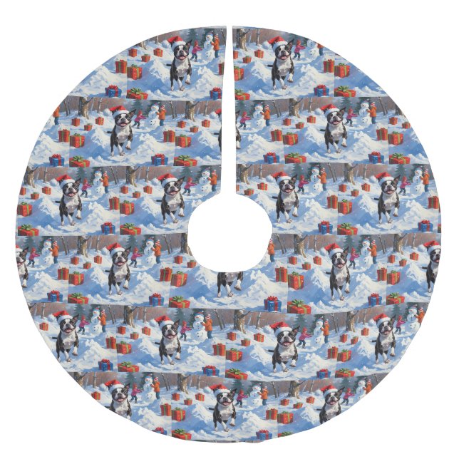 Boston Terrier Jul Festiv Snö Scen Julgransmatta Borstad Polyester (Framsidan)