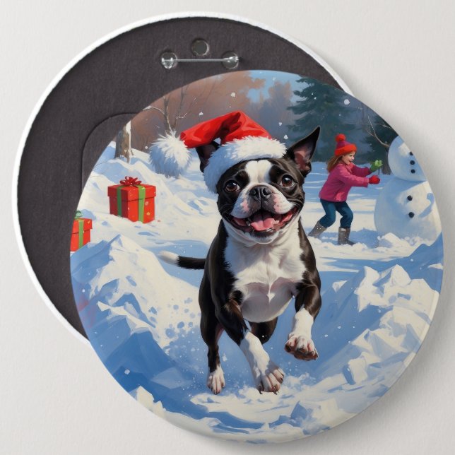 Boston Terrier Jul Festiv Snö Scen Knapp (Framsida & baksida)
