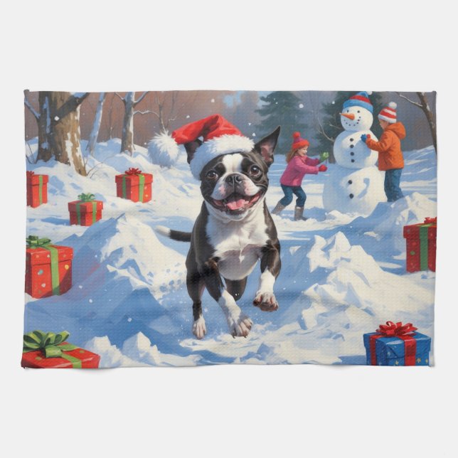 Boston Terrier Jul Festiv Snö Scen Kökshandduk (Horisontell)