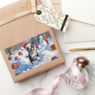Boston Terrier Jul Festiv Snö Scen Rektangulärt Klistermärke