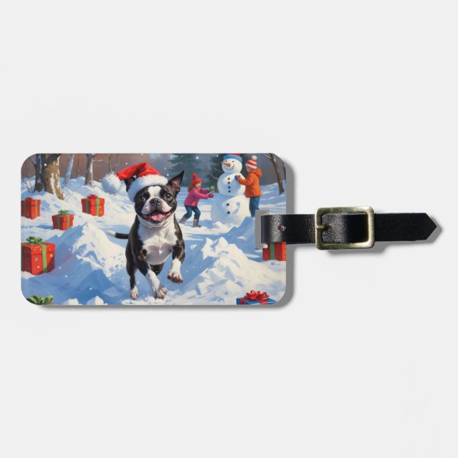 Boston Terrier Jul Festive Snö Scene Bagagebricka (Horisontell Framsida)