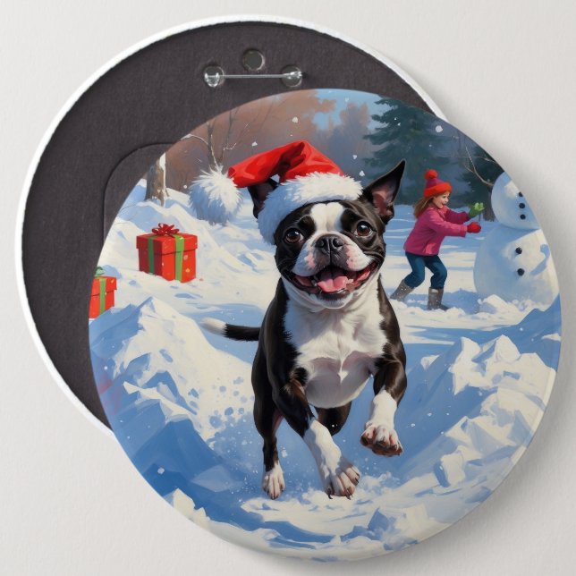 Boston Terrier Jul Festive Snö Scene Knapp (Framsida & baksida)