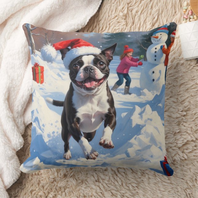 Boston Terrier Jul Festive Snö Scene Kudde (Filt)