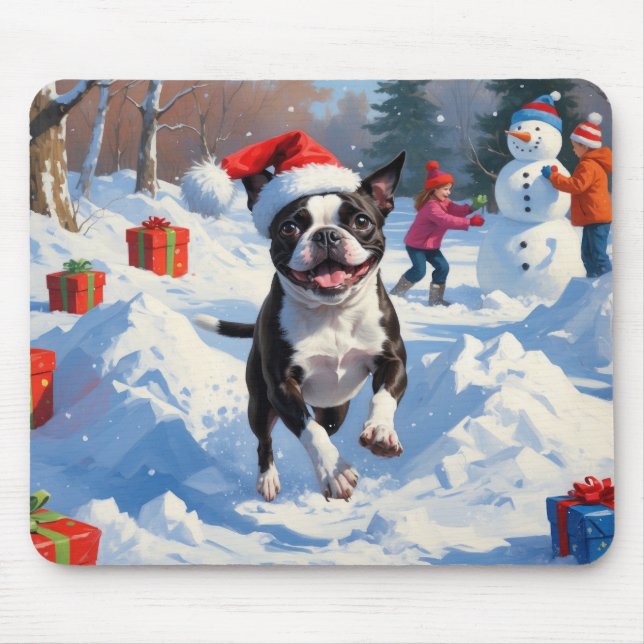 Boston Terrier Jul Festive Snö Scene Musmatta (Framsidan)