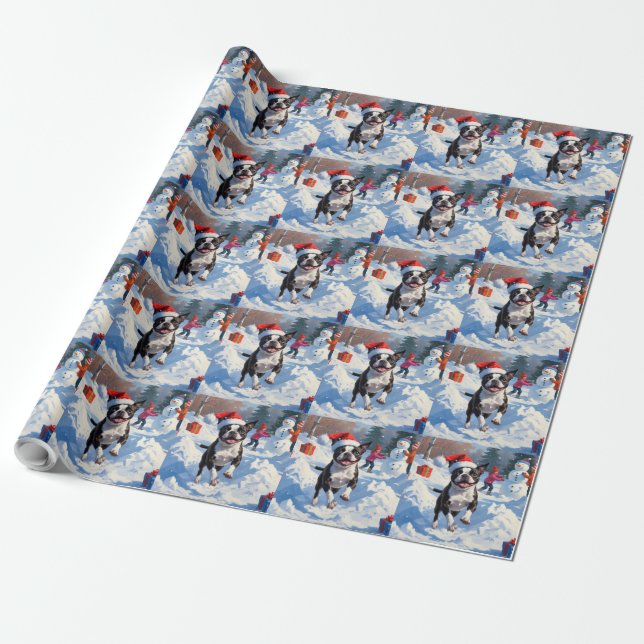 Boston Terrier Jul Festive Snö Scene Presentpapper (Utrullad)