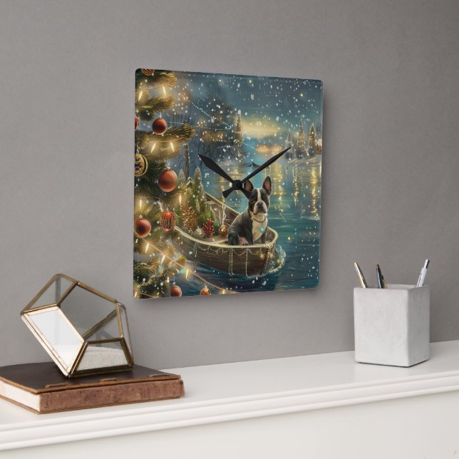 Boston Terrier Jul Festive Voyage Fyrkantig Klocka (Kontor)