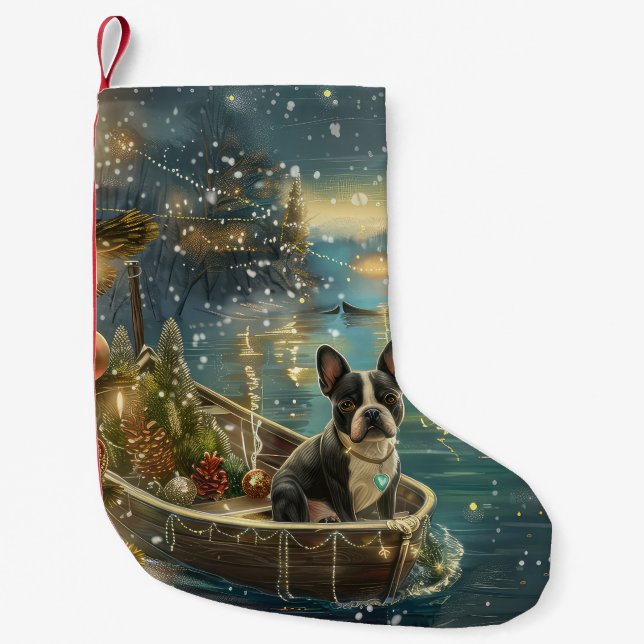 Boston Terrier Jul Festive Voyage Liten Julstrumpa (Framsidan)