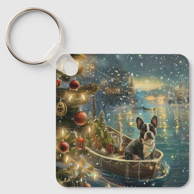 Boston Terrier Jul Festive Voyage Nyckelring (Framsida)