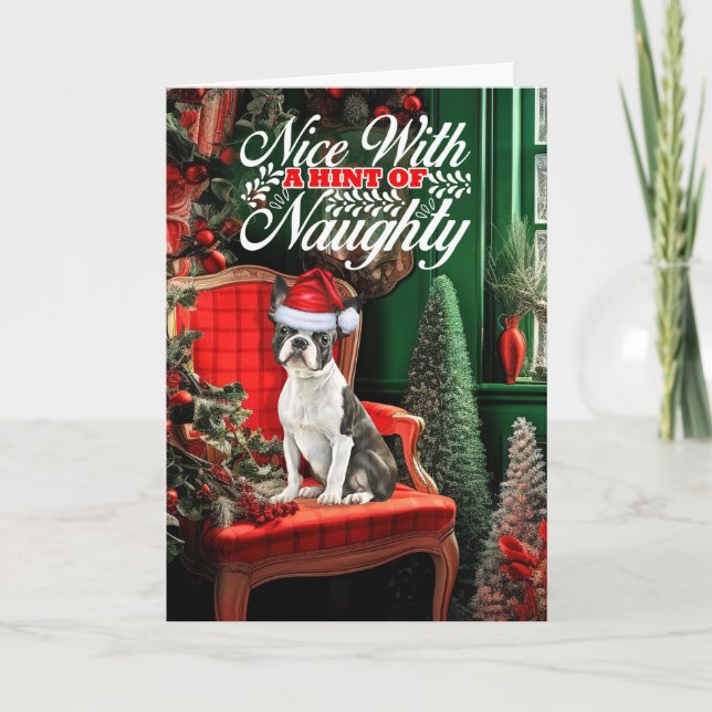 Boston Terrier Jul Hund Naughty eller Nice Helgkort (Framsida)
