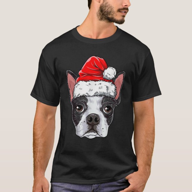 Boston Terrier jul-Hund Santa Hat Julafton Boys K. T Shirt (Framsida)