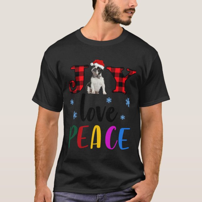Boston Terrier jul Joy Kärlek Peace T Shirt (Framsida)
