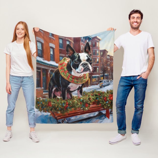 Boston Terrier jul jul, julsäsong Fleecefilt (På plats)