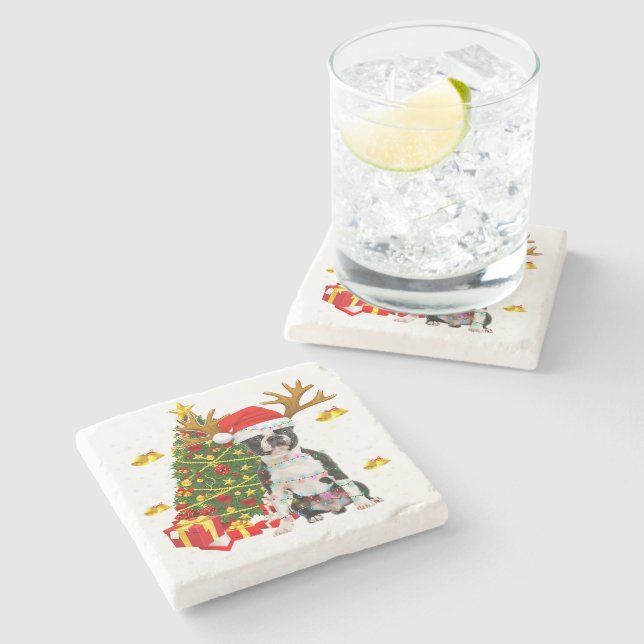 Boston Terrier Jul Ljus Träd Santa Julafton Pa  Pa Stenunderlägg (Sidan)