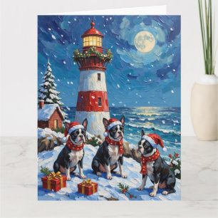 Boston Terrier Jul Ljusklykta Högtid Kort