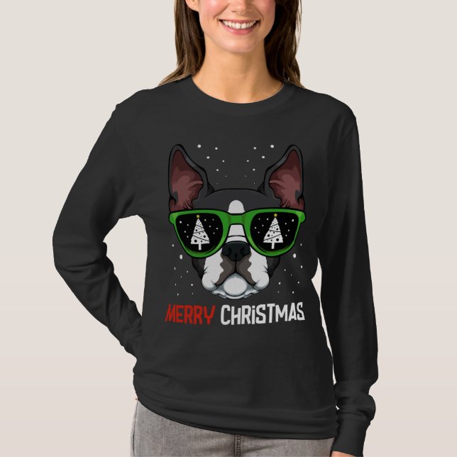 Boston Terrier jul Pajama Hund Sunglasses X-M T Shirt (Framsida)