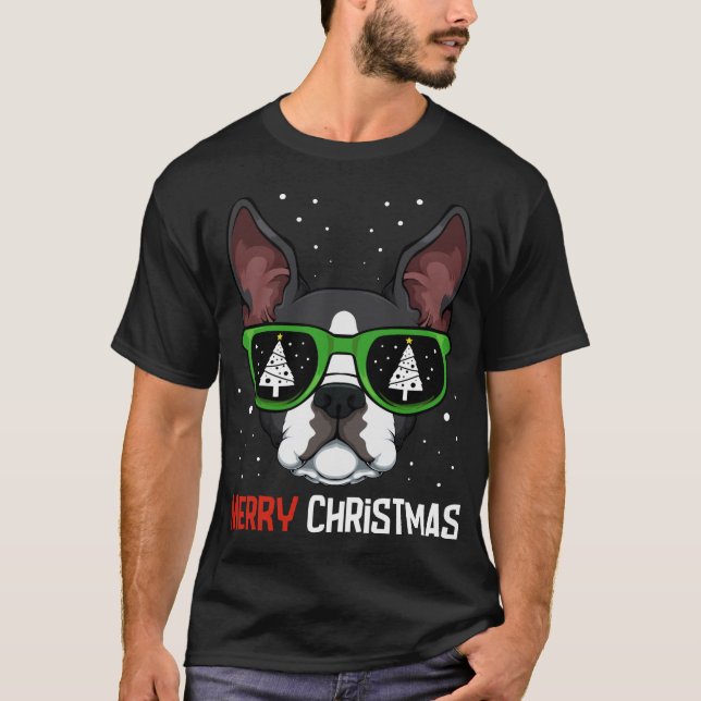 Boston Terrier jul Pajama Hund Sunglasses X-M T Shirt (Framsida)