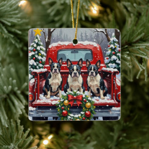Boston Terrier Jul Röd Lastbil Holiday Julgransprydnad Keramik