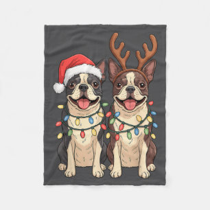 Boston Terrier Jul Santa Hatt Renar Ljus Fleecefilt