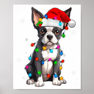 Boston Terrier jul Santa mössa träd ljus Paj Poster