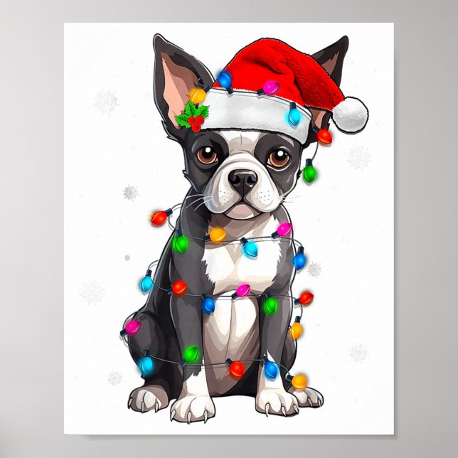 Boston Terrier jul Santa mössa träd ljus Paj Poster (Framsidan)