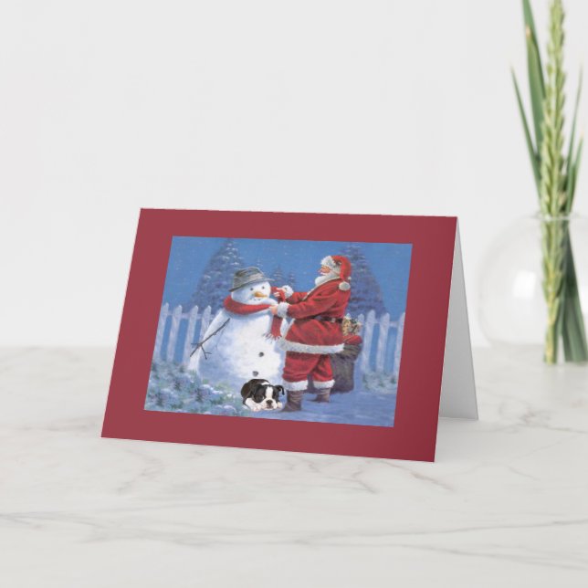 Boston Terrier jul, Snögubbe och Santa Greetin Helgkort (Framsida)