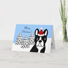 Boston Terrier jul Tecknad Snö Skogen Helgkort