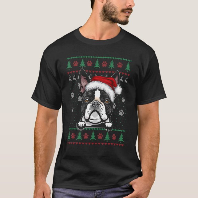 Boston Terrier jul Ugly Sweater Hund Julafton T Shirt (Framsida)