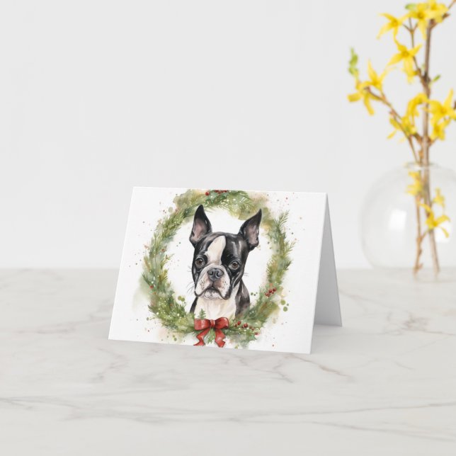 Boston Terrier-julafton Festive Valp Kort (Gul blomma)
