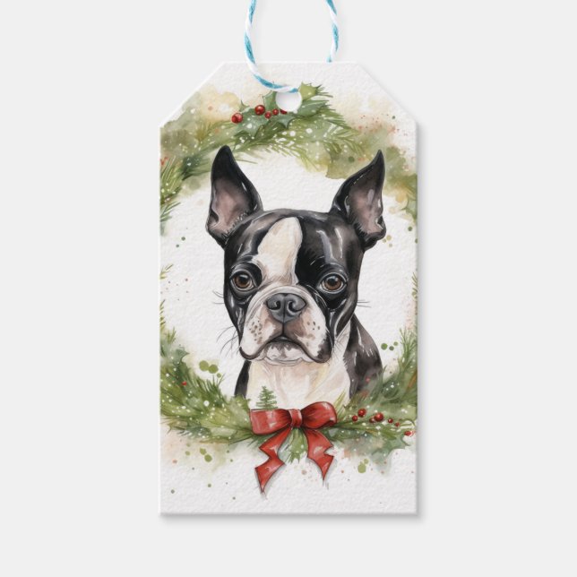 Boston Terrier-julafton Festive Valp Presentetikett (Framsidan)