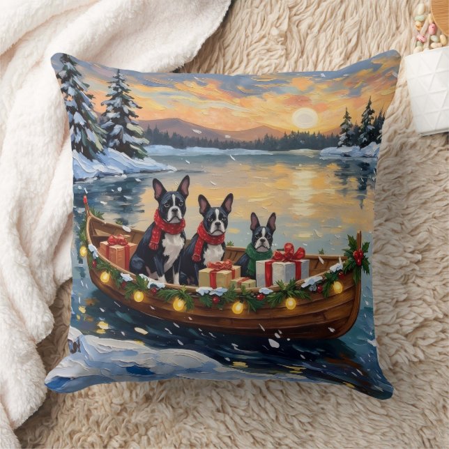 Boston Terrier Julbåt Holiday Kudde (Filt)