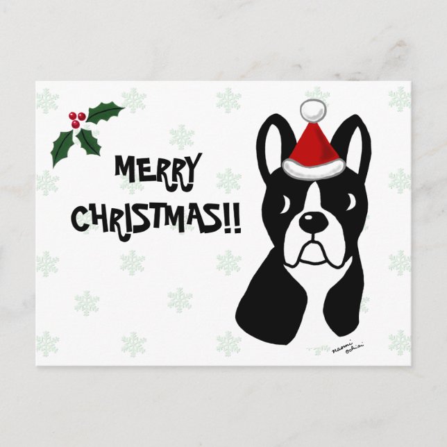 Boston Terrier-julets Tecknad Snowflake Helg Vykort (Framsida)