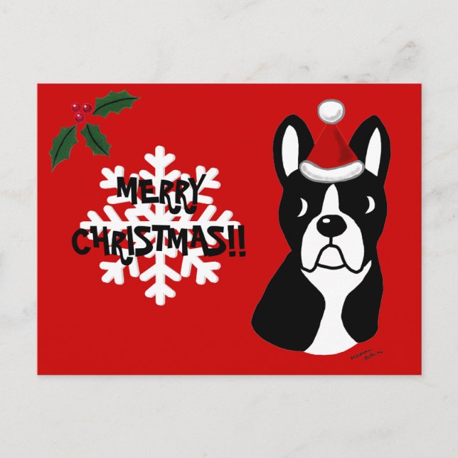 Boston Terrier-julets Tecknad Snowflake Helg Vykort (Framsida)