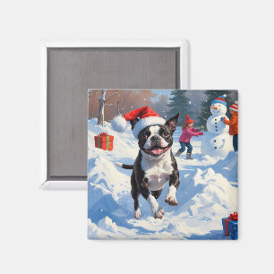 Boston Terrier Julfestlig Snö Scen Magnet