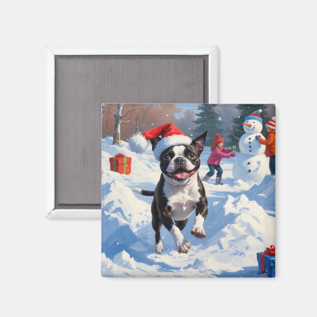 Boston Terrier Julfestlig Snö Scen Magnet (Front/Back)