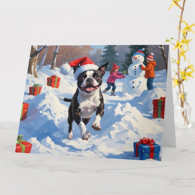 Boston Terrier  Julfirande Snö Scen Kort (Gul blomma)