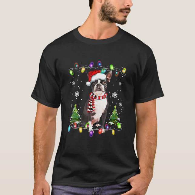 Boston Terrier Julgran Hund Santa Gifts Merr T Shirt (Framsida)