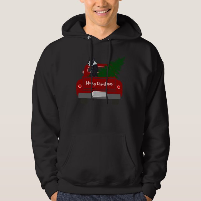 Boston Terrier Julgran Red Retro Lastbil Hoodie (Framsida)