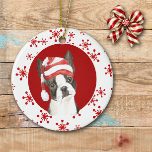 Boston Terrier Julhatt Röd Snöflinga Julgransprydnad Keramik