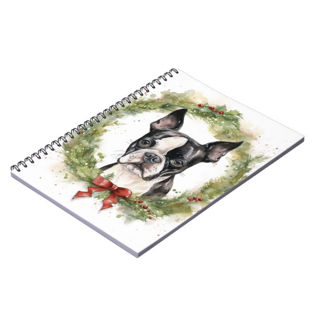 Boston Terrier Julkrans Festiv Valp  Anteckningsbok (Vänstra Sidan)