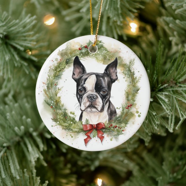 Boston Terrier Julkrans Festiv Valp Julgransprydnad Keramik (Träd)