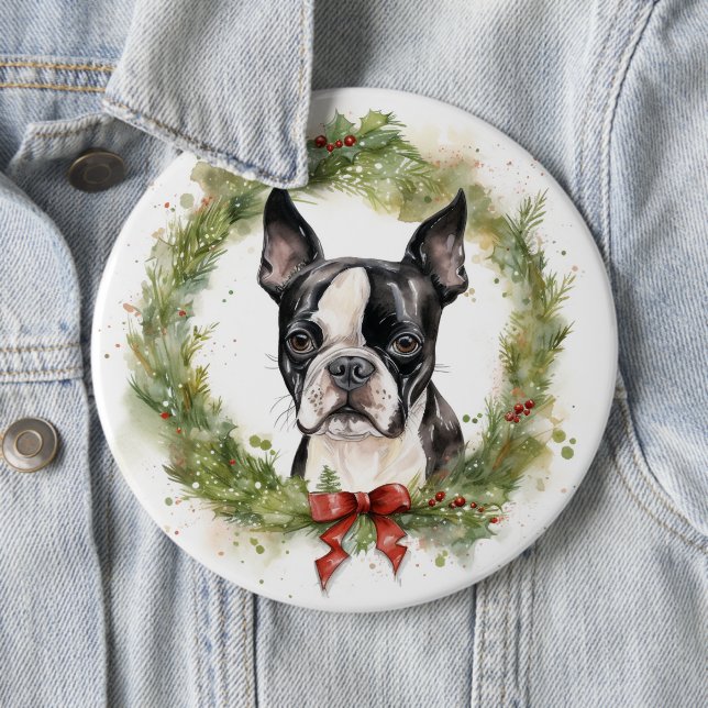 Boston Terrier Julkrans Festiv Valp Knapp (In Situ)