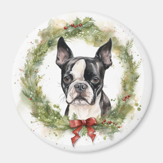 Boston Terrier Julkrans Festiv Valp  Magnet (Framsidan)