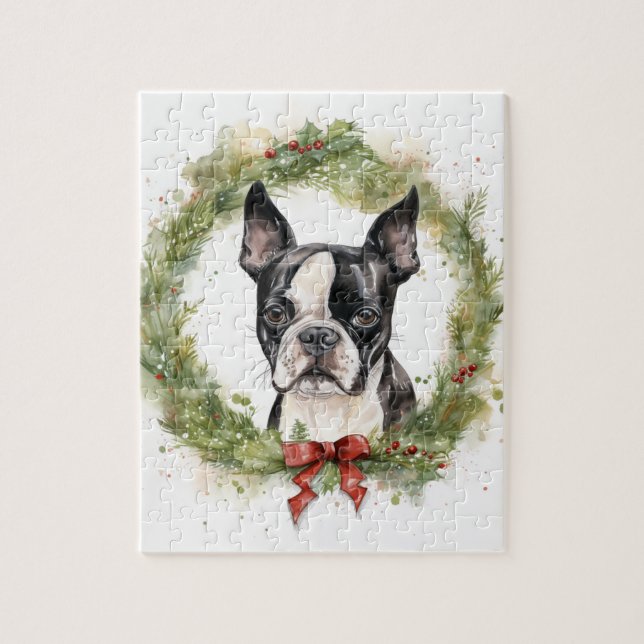 Boston Terrier Julkrans Festiv Valp Pussel (Vertikal)