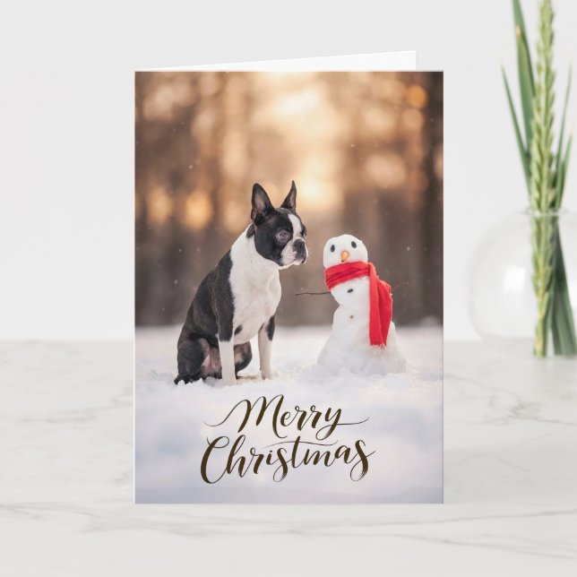 Boston Terrier Julsnöman Helgkort (Framsida)