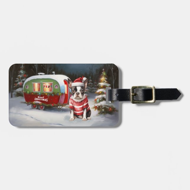 Boston Terrier Karavan Juläventyr Bagagebricka (Horisontell Framsida)