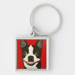 Boston Terrier Keychain Fyrkantig Silverfärgad Nyckelring